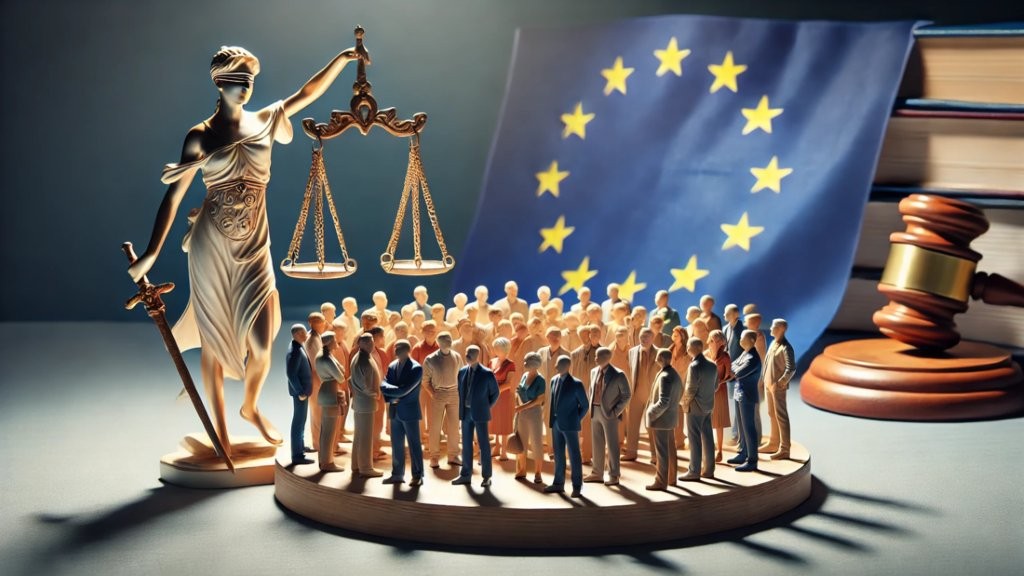 Justizia, Menschengruppe, Richterhammer und EU-Flagge