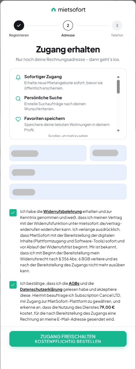 Screenshot of the ordering process on the mietsofort.de website.